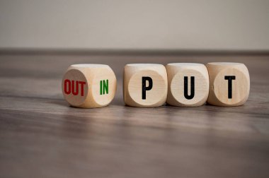  Cubes, dice or blocks with message input and output on wooden background