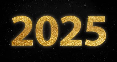 Siyah arkaplan 2025 'in altın parıltısıyla mutlu yıllar.
