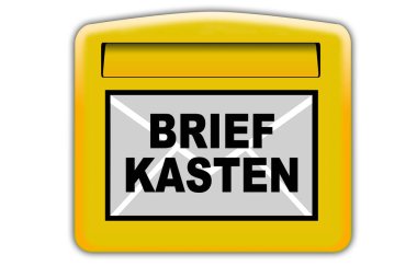 Sarı renkli posta kutusu ve Almanca çeviri Briefkasten beyaz arkaplanda izole edildi