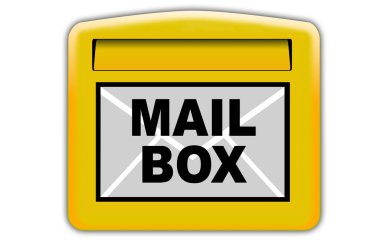 Sarı renkli posta kutusu ve Almanca çeviri Briefkasten beyaz arkaplanda izole edildi