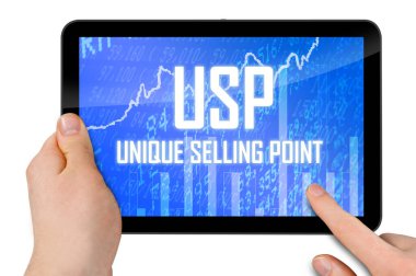 Elleri ve kısaltması USP olan tablet benzersiz satış önerisi veya benzersiz satış noktası izole