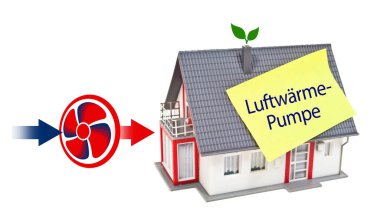 Sarı etiketli minyatür ev ve hava ısıtma pompası veya hava ısı pompası için Almanca kelime - beyaz arka planda izole Luftwrmepumpe