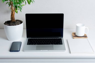 Siyah ekranlı bilgisayar, yeşil bitki, akıllı telefon ve bardak. Merkez ofis kavramı..