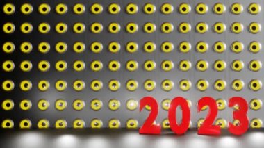 Parlak Hoparlör Duvarı arkaplanındaki soyut kırmızı numara 2023