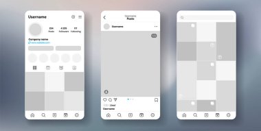 Instagram profil arayüzü. Sosyal medya uygulama şablonu. Boş günlük ızgara çerçevesi. Gönder ve bobin besleme maketi.