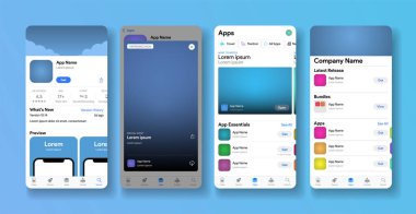 Uygulama Deposu mobil arayüzü. Uygulama listesi hazırlanıyor. Alış veriş platformu. En iyi araçlar ve oyun ekranı. Pazar uygulaması pazarını oyna.