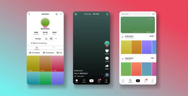 Dikey video oynatıcı. Tepki veren tik tok arayüzü modeli. Blog yazma ve oynatma platformu. Sosyal medya küçük resim çerçevesi.