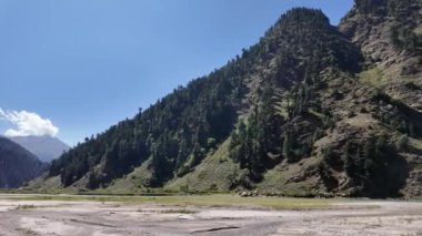 Parıldayan, kristal berraklığında bir nehri olan manzaralı dağ manzarası, daha az su akışı, güzel güneş ışığı, ve temiz bir gökyüzü altında ağaçlarla kaplı dağlar.