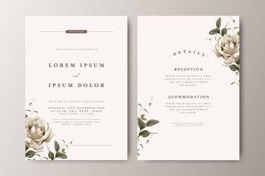 Minimalist düğün davetiyesi seti dizaynı gül çiçeği ve krem rengi arka plan
