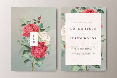 Çiçek bölümü ve yeşillik arka planlı güzel bir düğün davetiyesi seti.