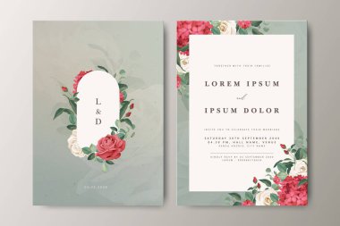 Çiçek bölümü ve yeşillik arka planlı güzel bir düğün davetiyesi seti.