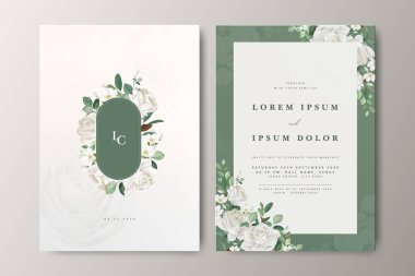 Çiçeklerle süslenmiş, yeşil arkaplanlı güzel bir düğün davetiyesi seti.