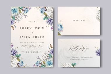 Güller ve ortanca çiçekli güzel bir düğün davetiyesi.