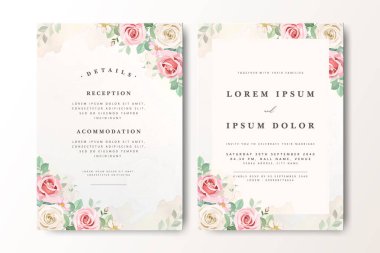 Pembe ve beyaz güllü zarif bir düğün davetiyesi.