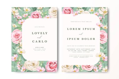 Pembe ve beyaz güllü zarif bir düğün davetiyesi.