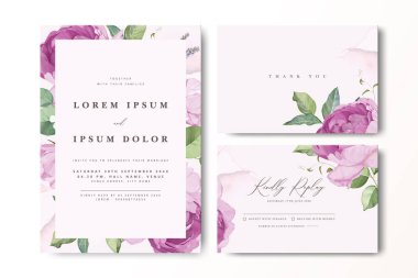 Güllü ve suluboya elementli zarif bir düğün davetiyesi.