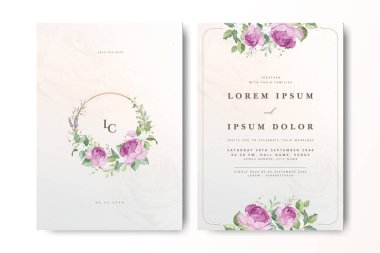 Güllü ve suluboya elementli zarif bir düğün davetiyesi.