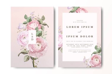 Çiçekli bir düğün davetiyesi. Güller ve kremalı bir geçmişi var.