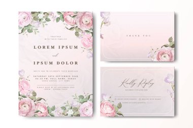 Çiçekli bir düğün davetiyesi. Güller ve kremalı bir geçmişi var.