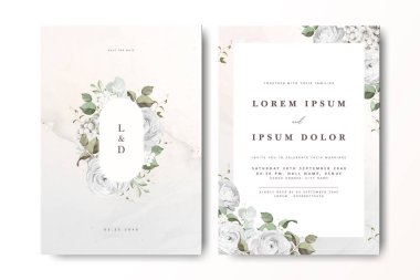 Çiçekli bir düğün davetiyesi. Güller ve kremalı bir geçmişi var.