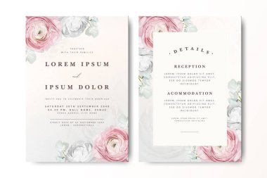 Çiçekli bir düğün davetiyesi. Güller ve kremalı bir geçmişi var.