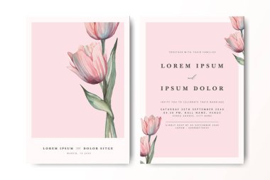 Çiçekli minimalist düğün davetiyesi ve lale çiçekleri