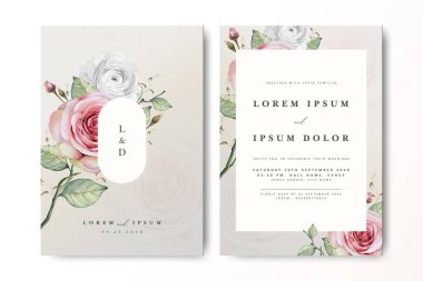 Çiçekli bir düğün davetiyesi. Güller ve kremalı bir geçmişi var.