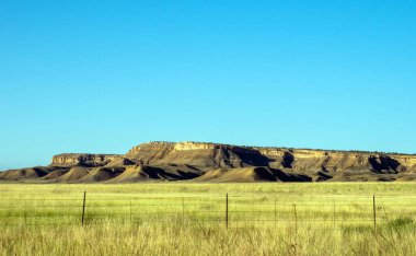 Güzel bir Arizona manzarası, küçük yuvarlanan dağlar, açık mavi gökyüzü, dikenli tel çitler ve güzel yeşil sarı bir çayır. Muhteşem bir manzara..