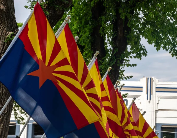 The eye catching Arizona state flag is made of of two parts and four colors.  A copper colored star in the center identifies Arizona as the largest producer of copper in the USA.