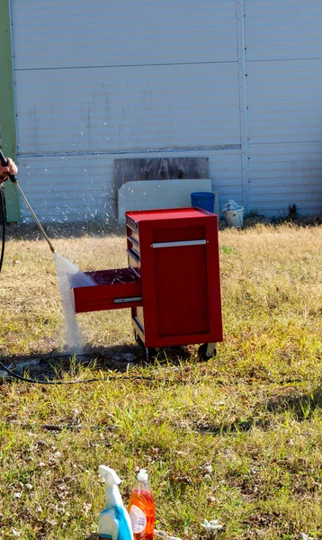 Suprimentos Limpeza Uma Máquina Lavar Energia Fazem Trabalho Rápido Limpar — Fotografia de Stock