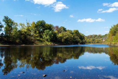 Sahne, yeşil ağaçlar ve mavi gökyüzünü yansıtan berrak bir nehirle pitoresk. Uzaklarda bir denek balık tutmak için suyun içinde duruyor..