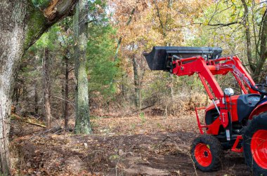 Ön uç yükleyici ile donatılmış bir traktör, kereste içinde fırça hareket etmek ve yol yapmak için verimli bir araçtır.