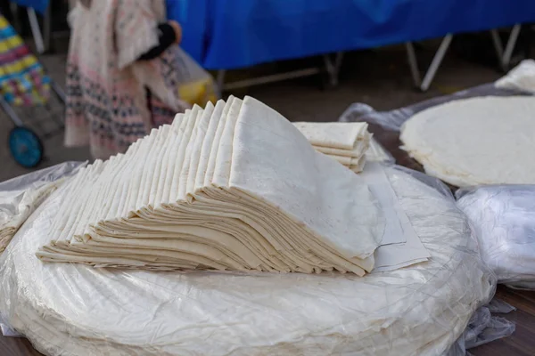 stock image Handmade phyllo dough sold in the market.