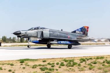 Konya, Turkey - 07 01 2021: Turkish Air Force McDonnel Douglas F-4 E Phantom II fighter jet in take-off position during Anatolian Eagle Air Force Exercise 2021, Turkey