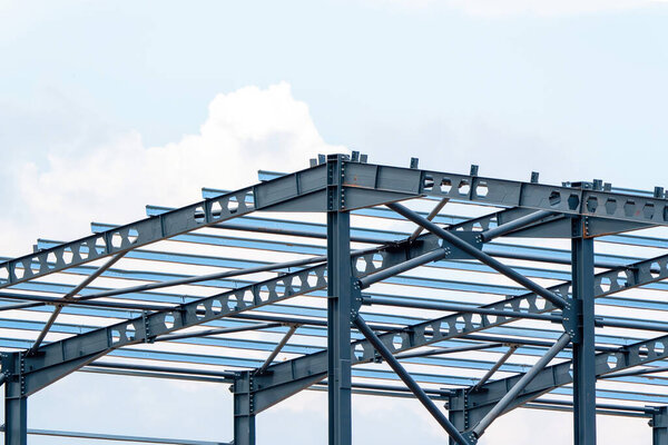 Building construction with steel construction, steel roof.