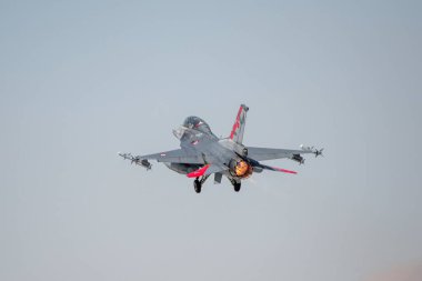 Konya, Turkey - 07 01 2021: Anatolian Eagle Air Force Exercise 2021 2 F16 fighter jets taxi in Turkey as Turkish Stars aerobatic team passes through the sky