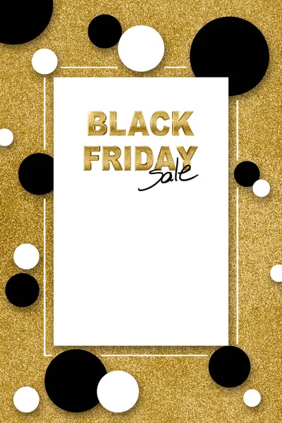 Stlylish Black Friday sale poster design or price label with gold glitter frame with white and black polka dots background with copy space for your text