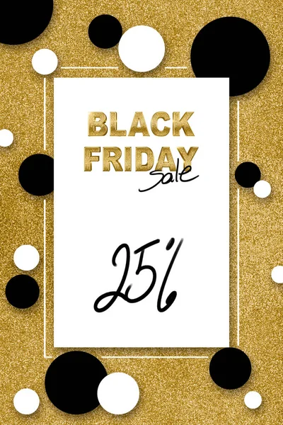 Black Friday sale poster design or price card offering 25 percent discount on a golden glitter background with white and black polka dots.