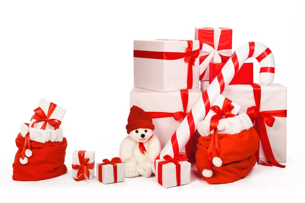 Christmas Background Santa Claus Bags Red White Xmas Gift Boxes — Stock Photo, Image