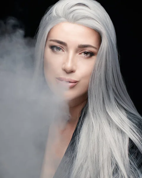 Fashion Portrait Silver Haired Model Woman Blowing Big Smoke Cloud — Stock Photo, Image