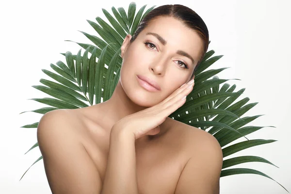美丽的女人 在新鲜的热带绿叶叶中有着完美的新鲜洁净的皮肤 天然生物化妆品和护肤概念 — 图库照片