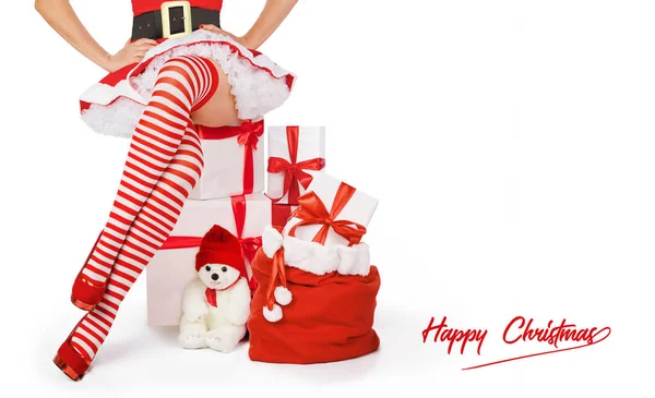 Seksowna Świąteczna Kobieta Piękne Nogi Pani Santa Claus Paski Pończochy — Zdjęcie stockowe