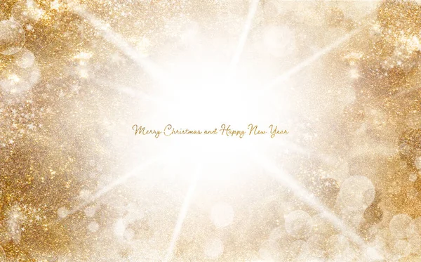 Cartão Felicitações Natal Dourado Com Diferentes Espumantes Cintilantes Bokeh Luzes — Fotografia de Stock