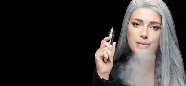 Vaping Girl Silver Haired Woman Blowing Big Smoke Cloud Female — Foto de Stock