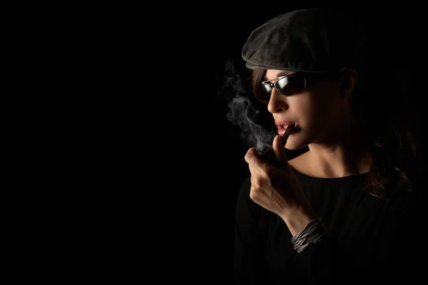 Atractive Hipster Girl Smoking Vintage Wooden Pipe Studio Portrait Isolated — Fotografia de Stock