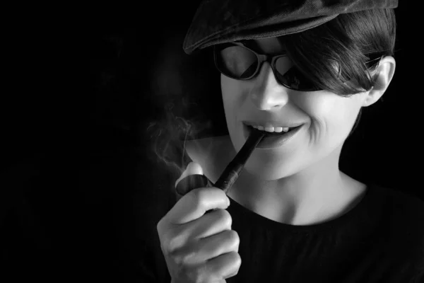 Woman Smoking Pipe Monochrome Closeup Studio Portrait Isolated Black Background — Stock Photo, Image