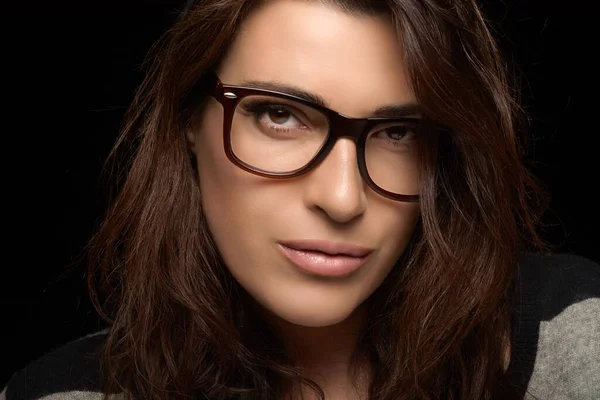 Close Pretty Young Woman Face Glasses Looking Camera Gorgeous Brunette — Foto Stock