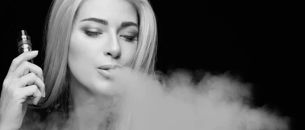 Monochrome Vaping Girl Silver Haired Woman Blowing Big Smoke Cloud — Fotografia de Stock