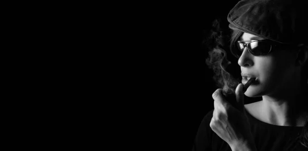 Atractive Hipster Girl Smoking Vintage Wooden Pipe Studio Portrait Isolated — Foto de Stock