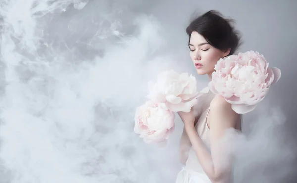 Beautiful Dreamy Woman Peonies Milky Pastel Colors Ambient Copy Space — Stock Photo, Image